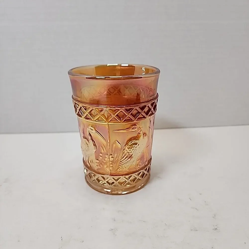 Vtg Dugan Glass Diamond Marigold Carnival Glass Stork and Rushes Lattice Cup